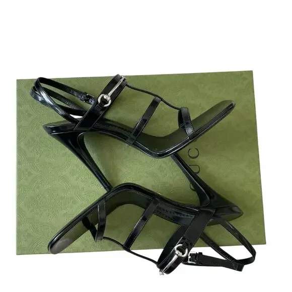 GUCCI Women's Horsebit Caged T Strap High Heel Sandals Black Silver 37.5 US 7.5 - Picture 4 of 16
